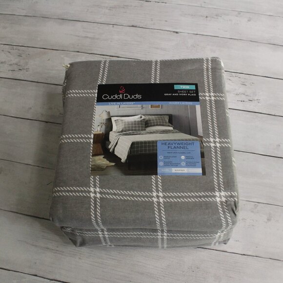 Cuddl Duds Heavyweight Flannel Sheet Set Twin Size 100% Cotton Gray Plaid - Picture 1 of 5
